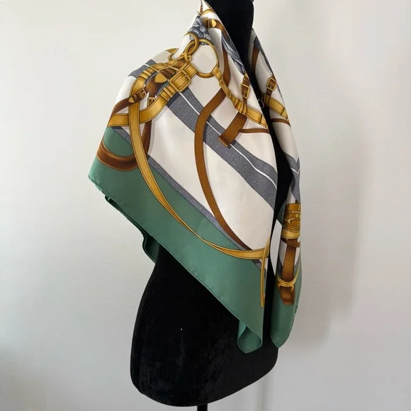 Hermes Silk Scarf with Gold Tack & Green Border - Picture 7 of 12